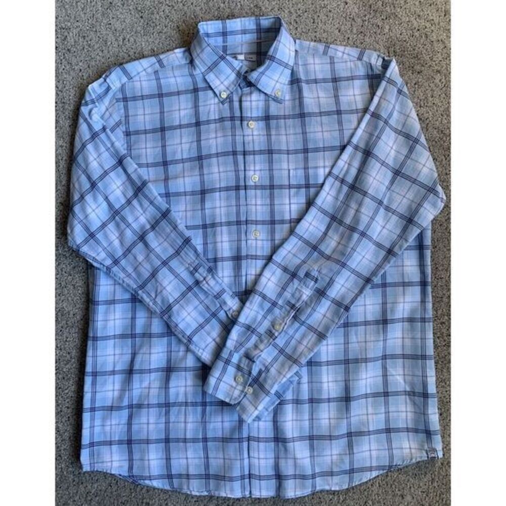 Peter Millar Blue White Plaid Long Sleeved Men's Button Down Shirt Size Medium